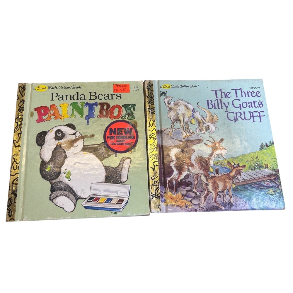 Golden Books 2pc Set Toddler Panda Bear Paintbox Billy Goats Gruff Vintage 1980s